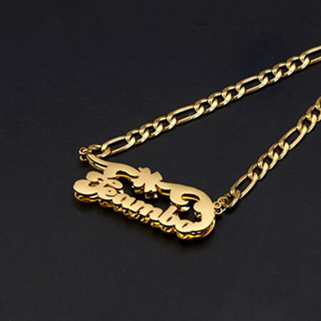 18k gold plated stainless steel personalised nameplate jewellery bulk custom double plated name necklaces with figaro chain wholesale
